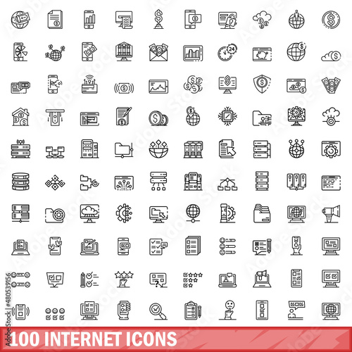 100 internet icons set, outline style