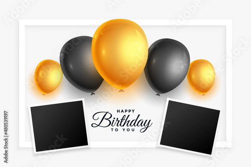 happy birthday background with golden black balloons and photo frames