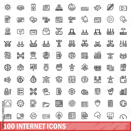 100 internet icons set, outline style