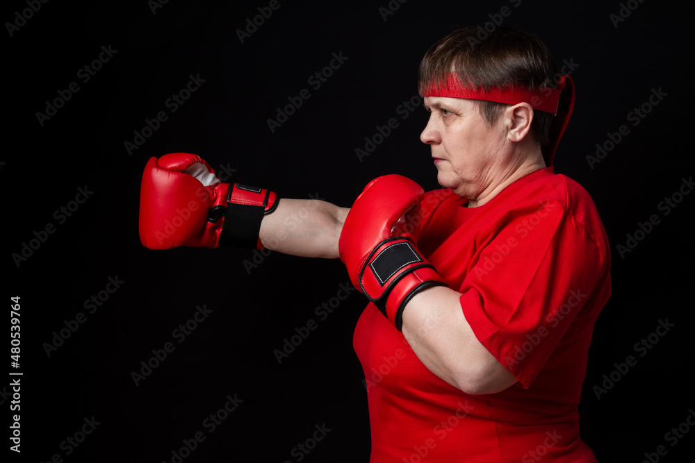Granny boxer in red on a black background.
