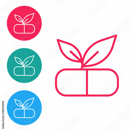 Red line Medical pill with plant icon isolated on white background. Herbal pill. Set icons in circle buttons. Vector