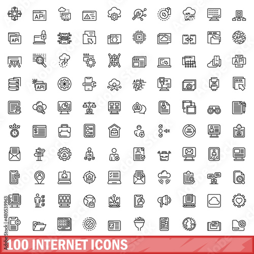 100 internet icons set, outline style