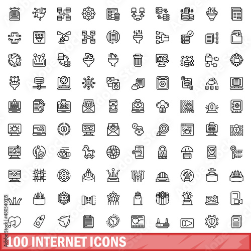 100 internet icons set, outline style