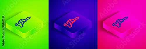 Isometric line Fishing harpoon icon isolated on green, blue and pink background. Fishery manufacturers for catching fish under water. Diving underwater equipment. Square button. Vector