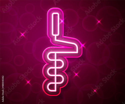 Glowing neon line Hand ice drill for winter fishing icon isolated on red background. Vector