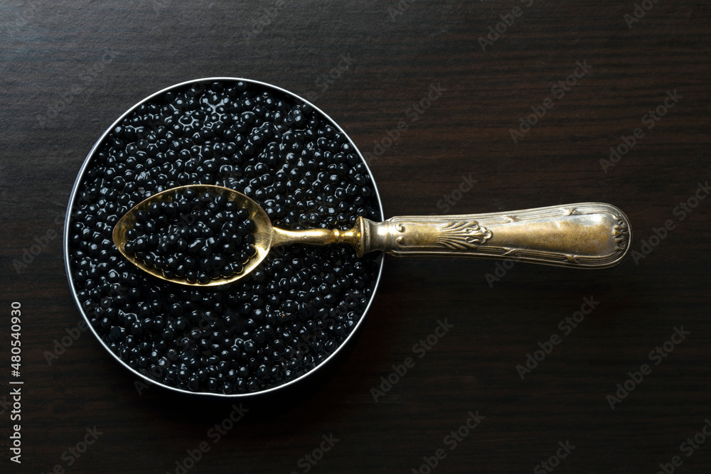 LUXURY GOLDEN SPOON IN BELUGA CAVIAR TIN CAN ON DARK WOODEN BACKGROUND. TOP VIEW. - obrazy, fototapety, plakaty 