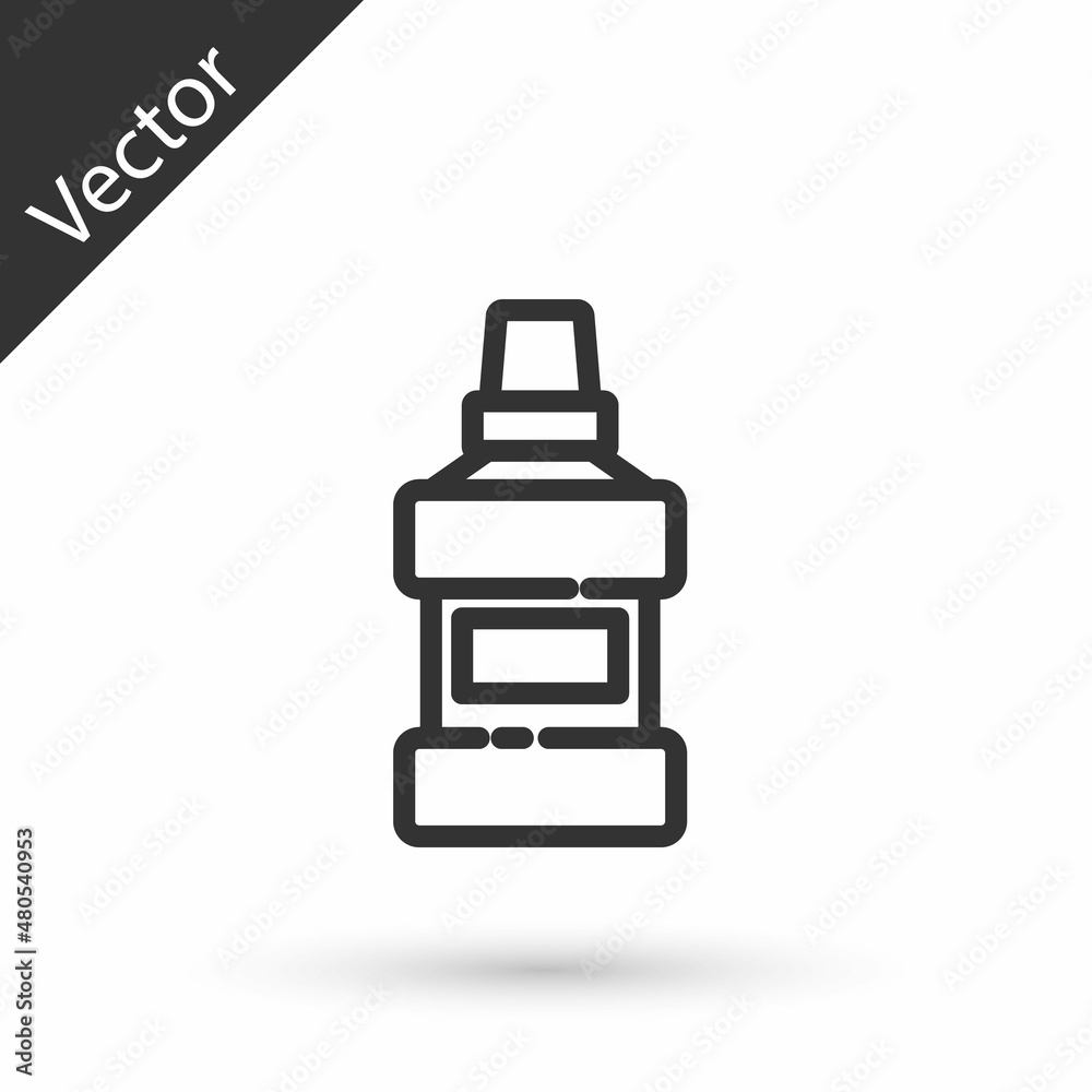 Grey line Mouthwash plastic bottle and glass icon isolated on white background. Liquid for rinsing mouth. Oralcare equipment. Vector Grey line Mouthwash plastic bottle and glass icon isolated on white background. Liquid for rinsing mouth. Oralcare equipment. Vector