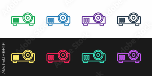 Set line Presentation, movie, film, media projector icon isolated on black and white background. Vector