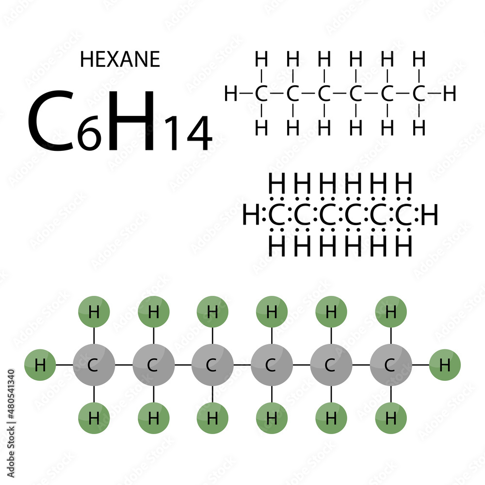 Hexane, organic chemical compound, molecule. Stick model, structural