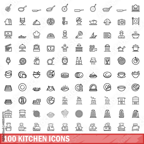 100 kitchen icons set, outline style
