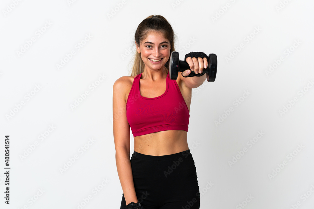 Young caucasian woman isolated on white background making weightlifting Young caucasian woman isolated on white background making weightlifting