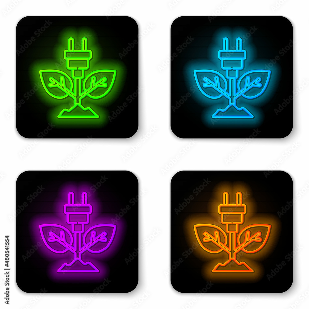 Obraz premium Glowing neon line Electric saving plug in leaf icon isolated on white background. Save energy electricity. Environmental protection. Bio energy. Black square button. Vector