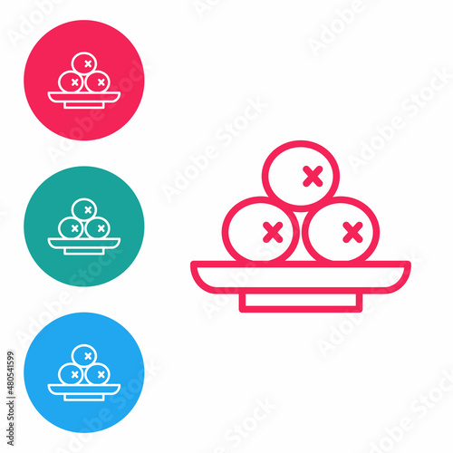 Red line Olives on plate icon isolated on white background. Set icons in circle buttons. Vector