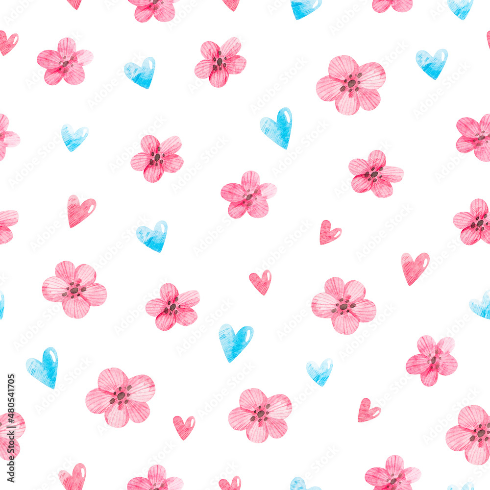 Watercolor seamless hand drawn pattern with hearts and flowers on white background