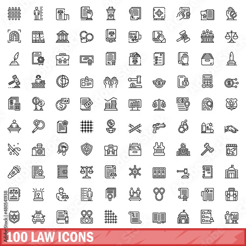 100 law icons set, outline style