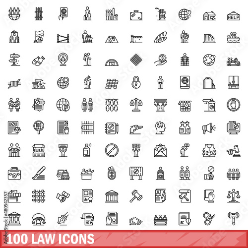 100 law icons set, outline style
