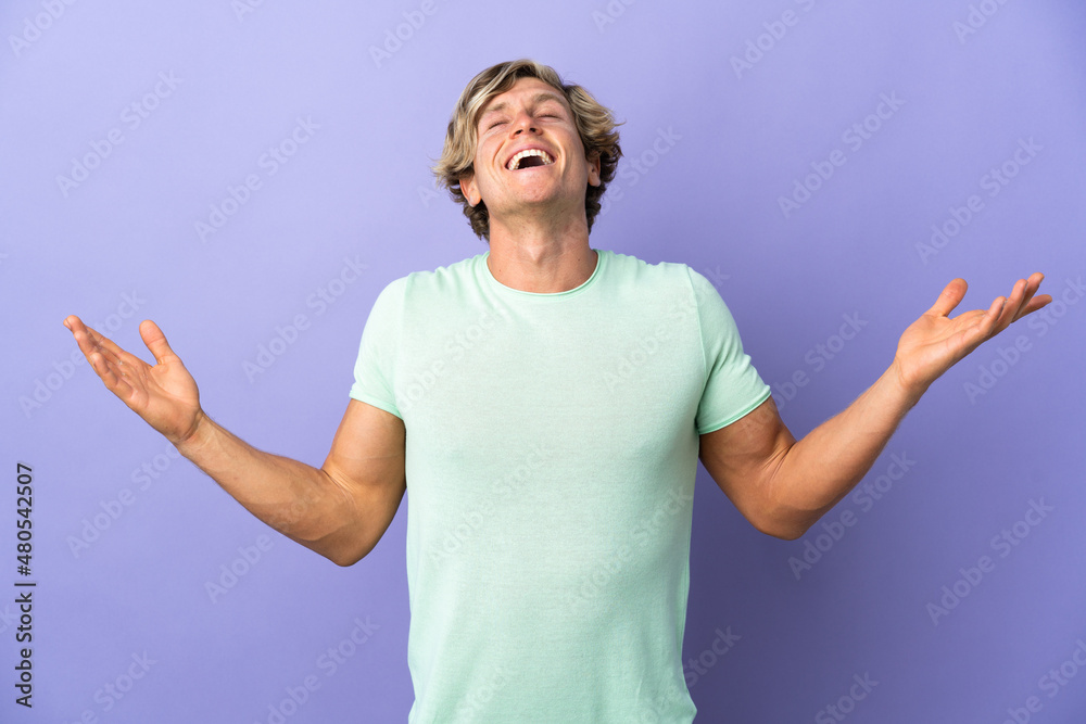 English man over isolated purple background smiling a lot English man over isolated purple background smiling a lot