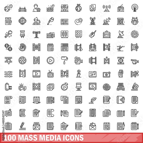 100 mass media icons set, outline style