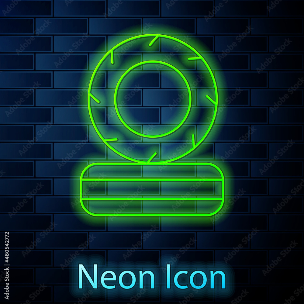 Glowing neon line Lying burning tires icon isolated on brick wall background. Vector Glowing neon line Lying burning tires icon isolated on brick wall background. Vector