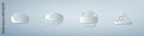 Set Sushi, Homemade pie, Chow mein on plate and Rice bowl. Paper art style. Vector