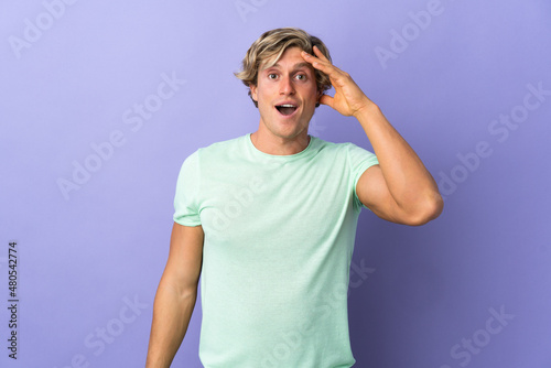 English man over isolated purple background has realized something and intending the solution
