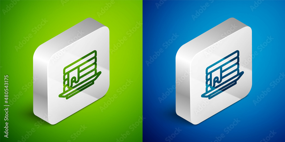 Isometric line Stack of pancakes with honey icon isolated on green and blue background. Breakfast concept. Silver square button. Vector Isometric line Stack of pancakes with honey icon isolated on green and blue background. Breakfast concept. Silver square button. Vector