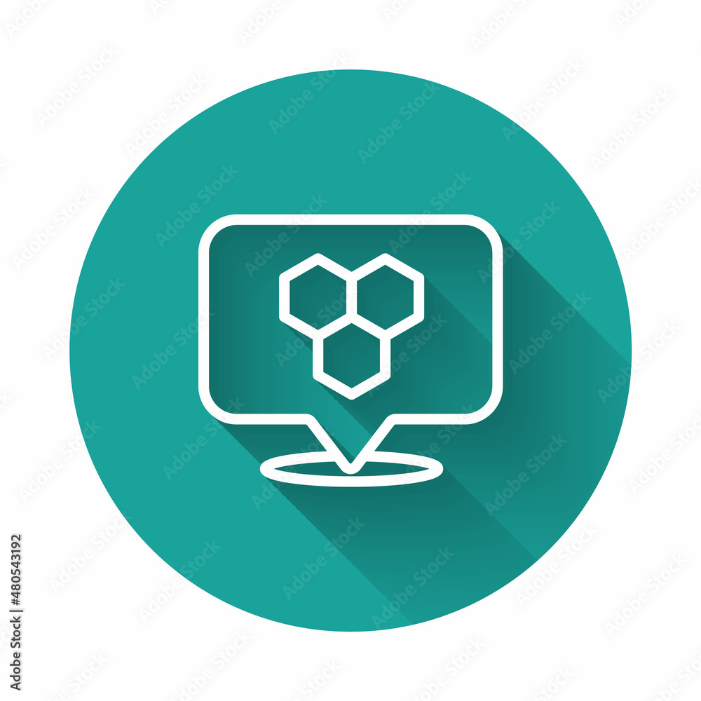 White line Honeycomb bee location map pin pointer icon isolated with long shadow background. Farm animal map pointer. Green circle button. Vector White line Honeycomb bee location map pin pointer icon isolated with long shadow background. Farm animal map pointer. Green circle button. Vector