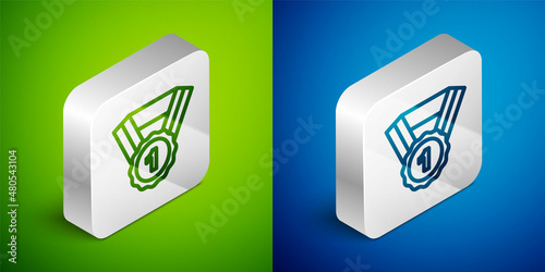 Isometric line Dog award symbol icon isolated on green and blue background. Medal with dog footprint as pets exhibition winner concept. Silver square button. Vector