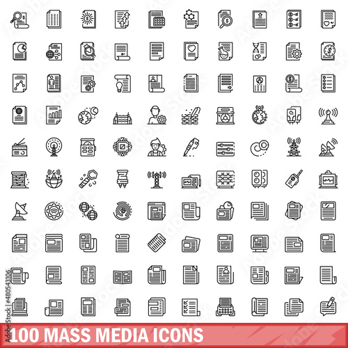 100 mass media icons set, outline style