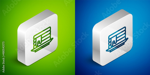 Isometric line Stack of pancakes with honey icon isolated on green and blue background. Breakfast concept. Silver square button. Vector