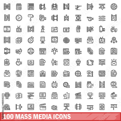 100 mass media icons set, outline style