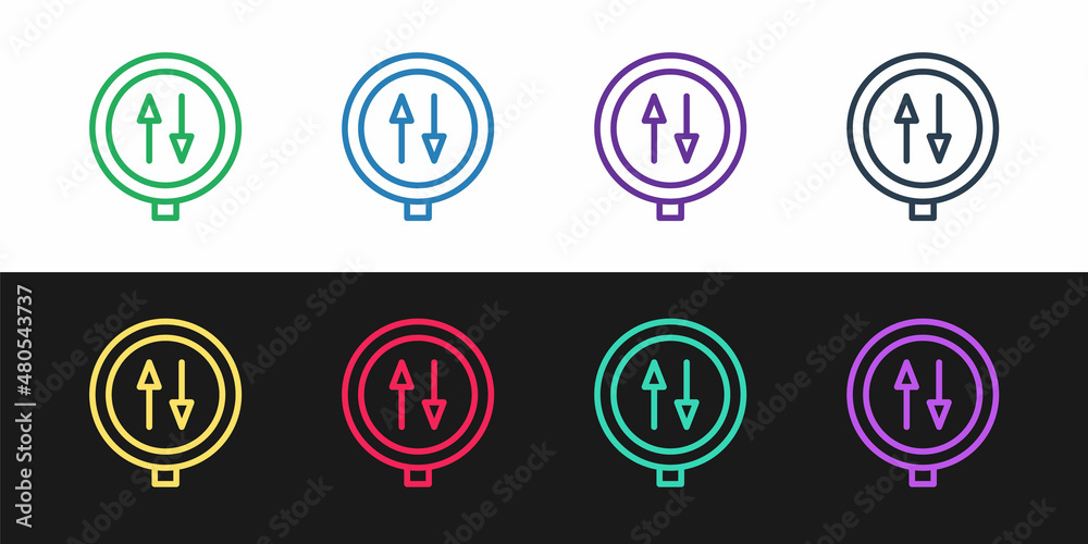 Set line Road sign warning two way traffic icon isolated on black and white background. Vector Set line Road sign warning two way traffic icon isolated on black and white background. Vector