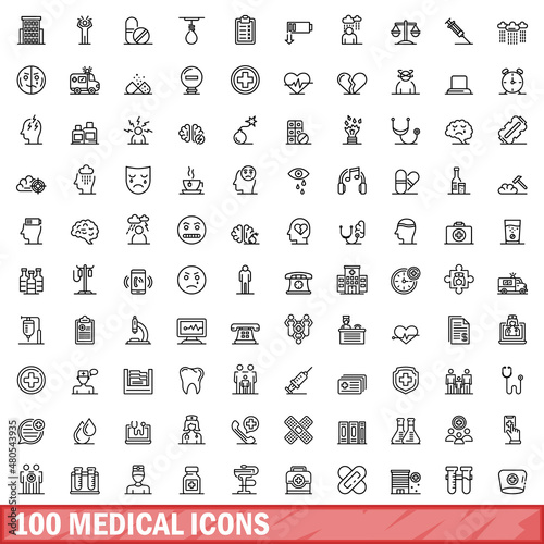 100 medical icons set, outline style