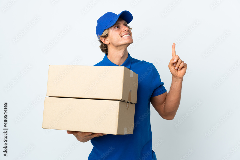 Delivery man over isolated white background pointing up a great idea
