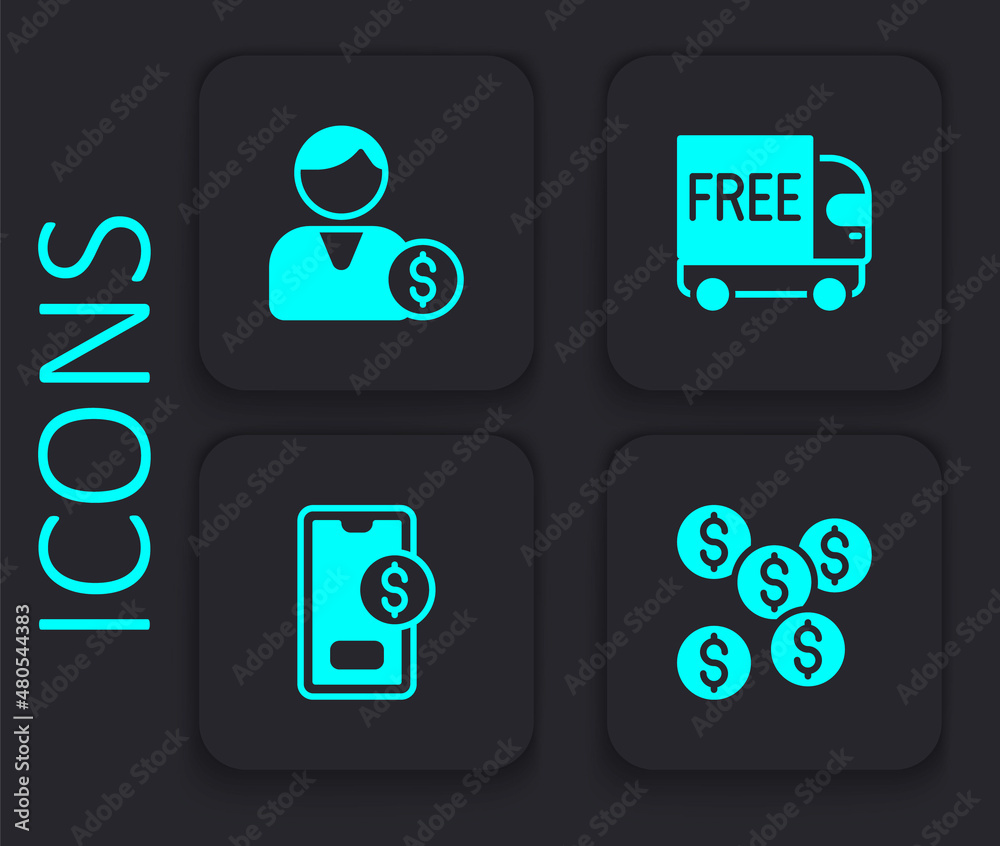 Set Dollar symbol, Buyer, Free delivery service and Mobile with dollar icon. Black square button. Vector Set Dollar symbol, Buyer, Free delivery service and Mobile with dollar icon. Black square button. Vector