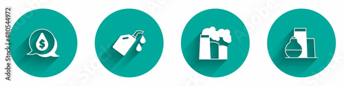 Set Oil drop with dollar symbol, Canister for motor machine oil, and gas industrial factory and tank storage icon with long shadow. Vector