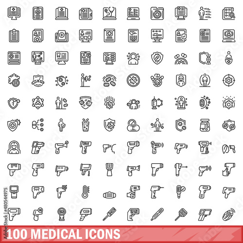 100 medical icons set, outline style