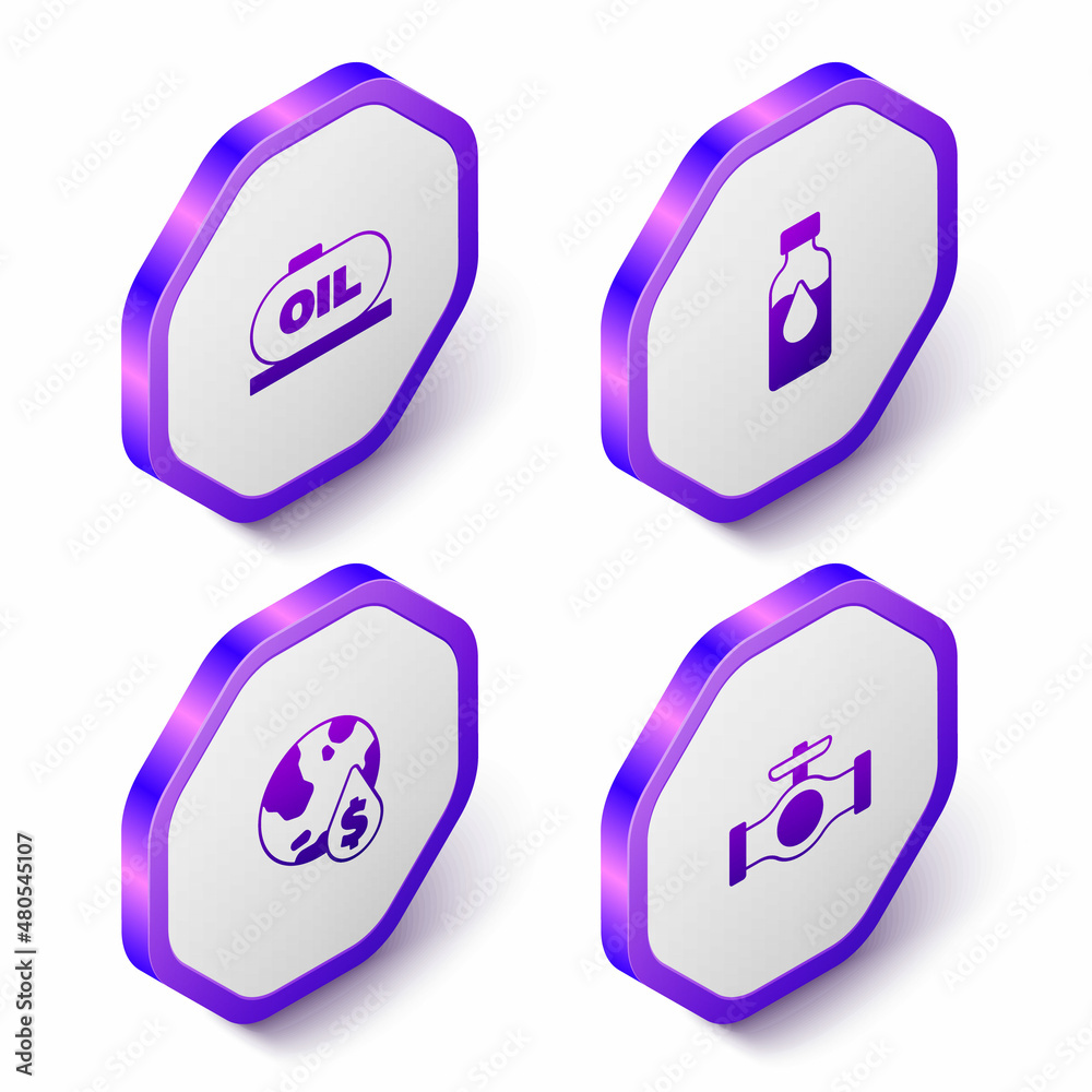 Set Isometric Oil tank storage, petrol test tube, drop with dollar symbol and pipe valve icon. Purple hexagon button. Vector