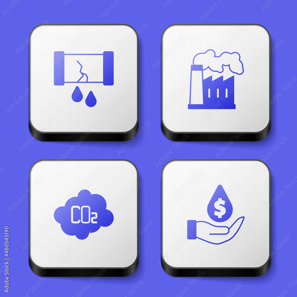 Set Broken oil pipe with valve, Oil and gas industrial factory, CO2 emissions cloud and drop dollar symbol icon. White square button. Vector Set Broken oil pipe with valve, Oil and gas industrial factory, CO2 emissions cloud and drop dollar symbol icon. White square button. Vector