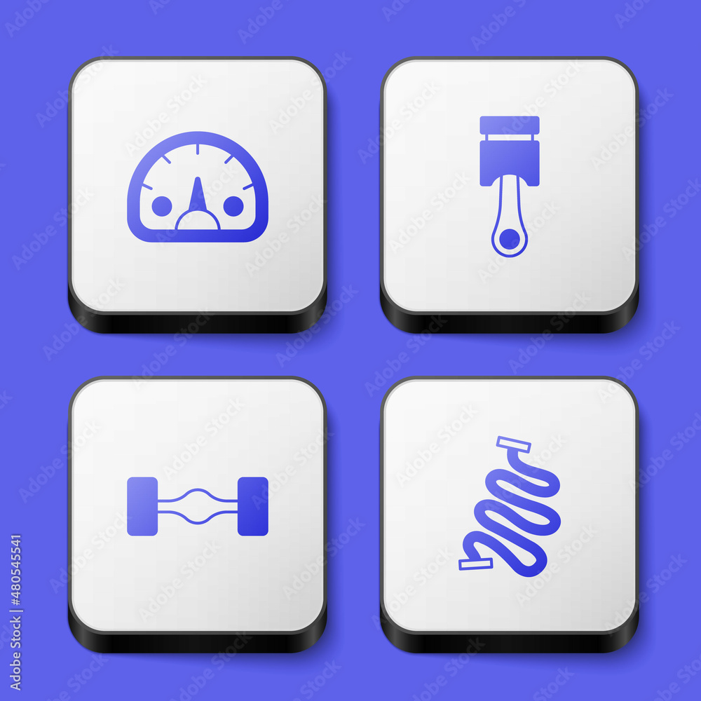 Set Speedometer, Engine piston, Chassis car and Racing track icon. White square button. Vector