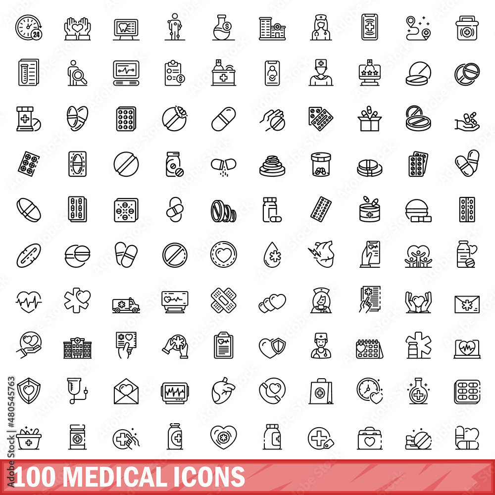 Fototapeta premium 100 medical icons set, outline style