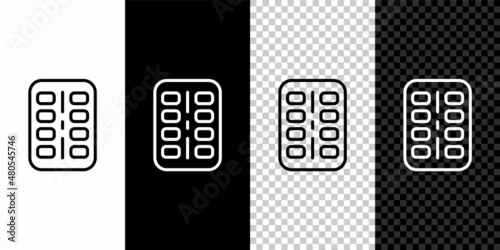 Set line Nicotine gum in blister pack icon isolated on black and white, transparent background. Helps calm cravings and reduces anxiety caused by quitting smoking. Vector