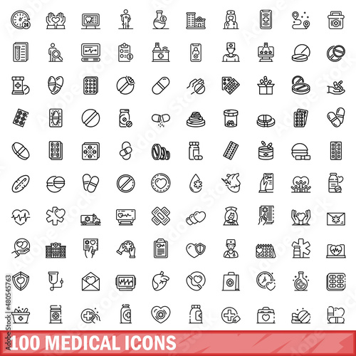 100 medical icons set  outline style