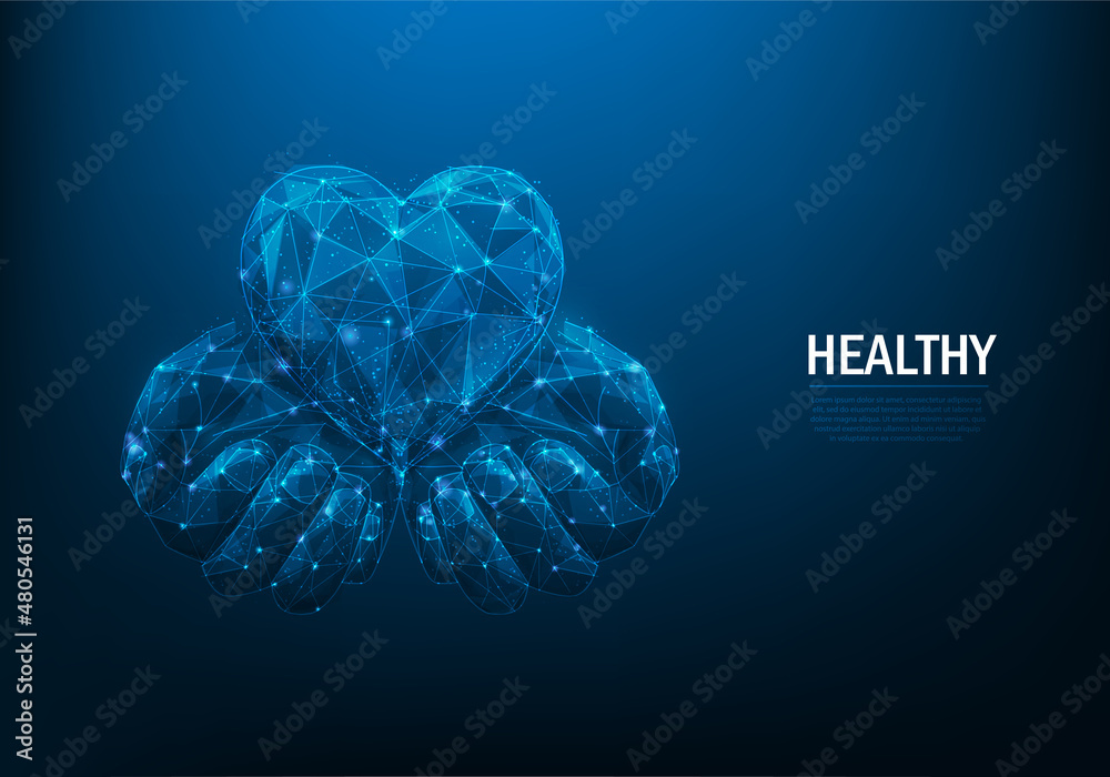 human hands holding heart low poly wireframe. isolated on blue dark background. vector illustration in flat style modern design. care and health. consisting of dots, lines, and shapes.