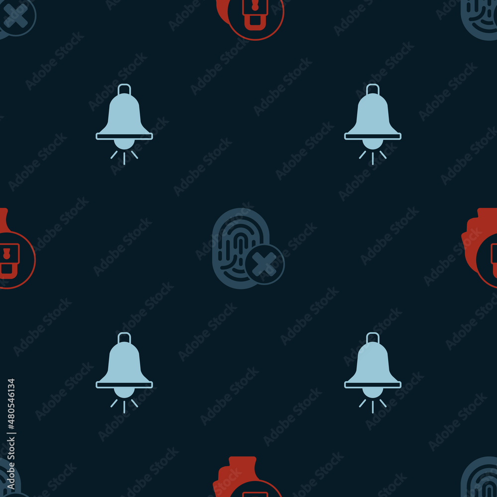 Fototapeta premium Set Lock, Cancelled fingerprint and Ringing alarm bell on seamless pattern. Vector