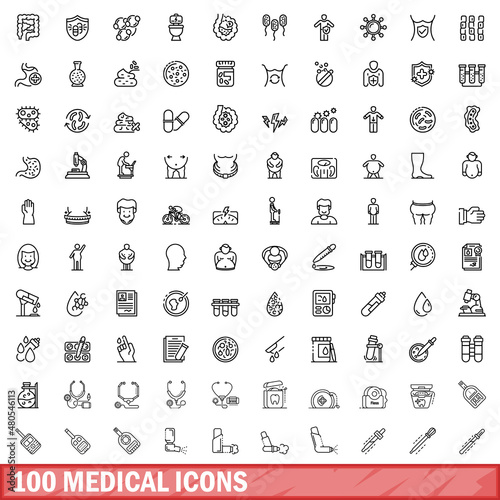 100 medical icons set, outline style