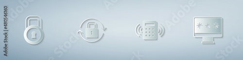 Set Lock, Security keypad access panel and Monitor with password. Paper art style. Vector