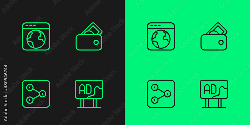 Set line Advertising, Share, Worldwide and Wallet with money icon. Vector Set line Advertising, Share, Worldwide and Wallet with money icon. Vector