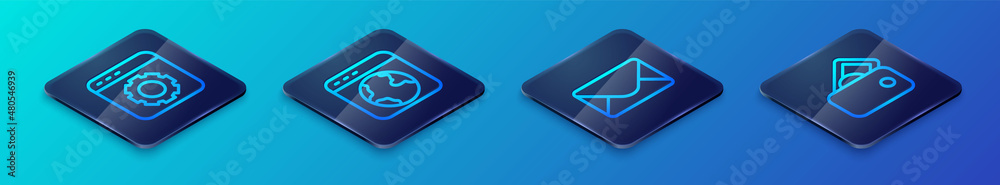 Set Isometric line Mail and e-mail, Browser setting, Wallet with money and Worldwide icon. Vector Set Isometric line Mail and e-mail, Browser setting, Wallet with money and Worldwide icon. Vector