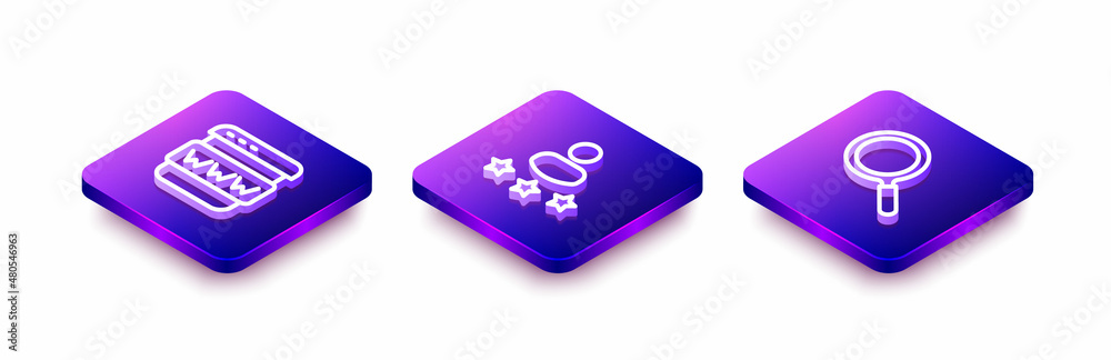 Set Isometric line Browser window, Consumer product rating and Magnifying glass icon. Vector Set Isometric line Browser window, Consumer product rating and Magnifying glass icon. Vector